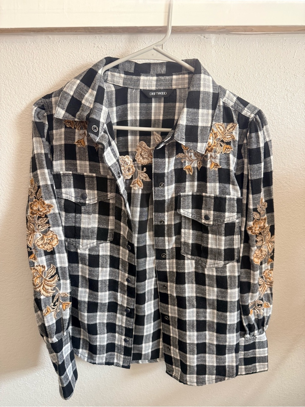 DRIFTWOOD Pearl Snap Flannel with Gold Floral Embroidery